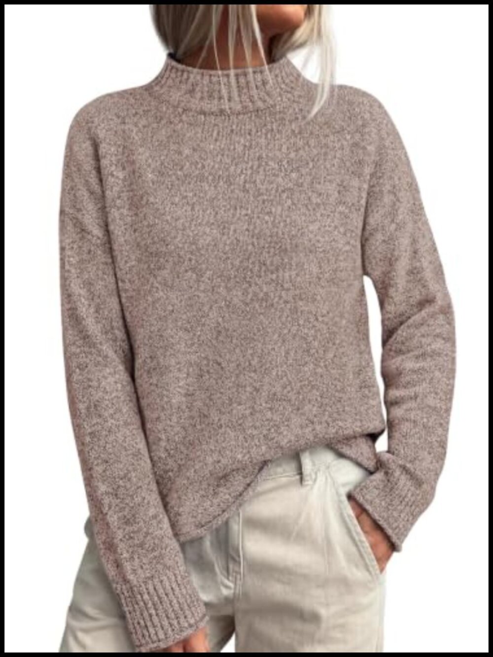 Womens Mock Neck Ribbed Knit Sweater Loose Fit Chunky Cotton Pullover